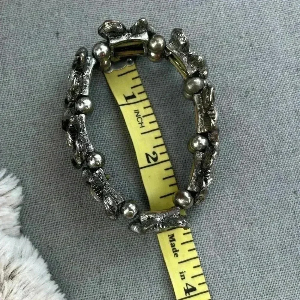 Vintage Silver Tone Rhinestone Floral Stretch Bracelet Statement